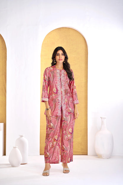Modal Chanderi Saumya Rust Printed Co-Ord Set with Hand Beaded Placket and Sleeve Detailing