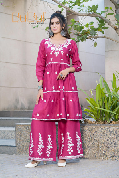 Dhawani Wine Viscose Co-Ord Set with White Floral Thread Embroidery