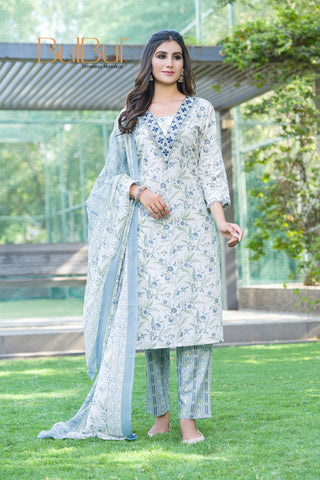 Pure Cotton Fashionista Blue Floral Printed Kurta Set with Mirror & Thread Embroidered Neckline