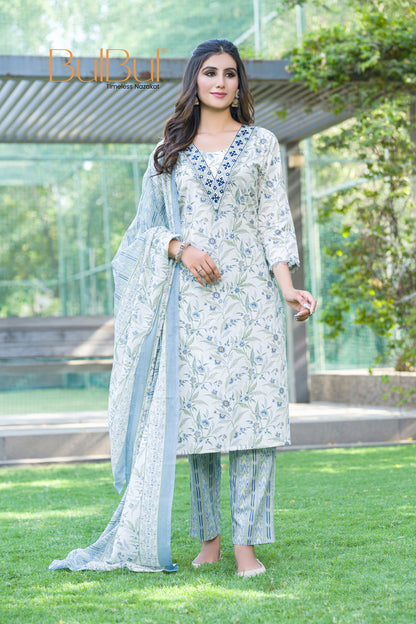 Pure Cotton Fashionista Blue Floral Printed Kurta Set with Mirror & Thread Embroidered Neckline