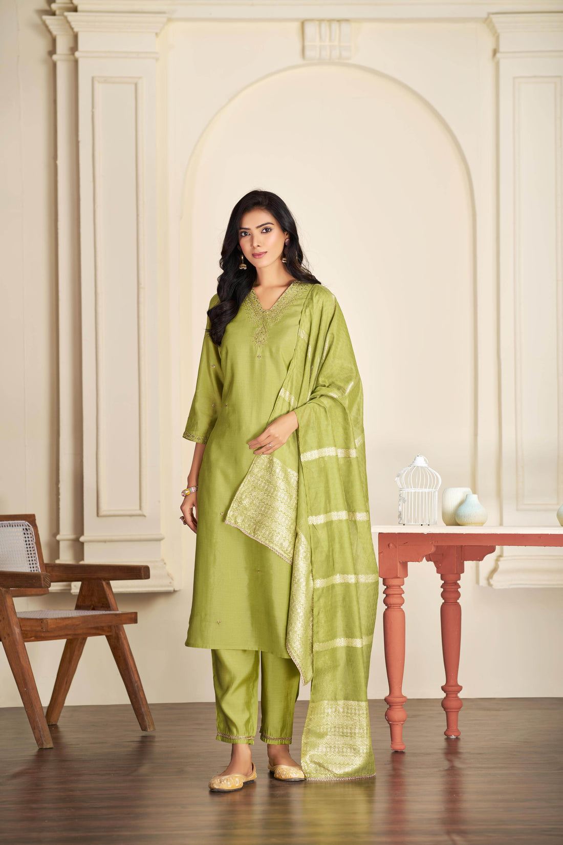Nakshatra Green Silk Kurta Set with Dupatta - BulBul
