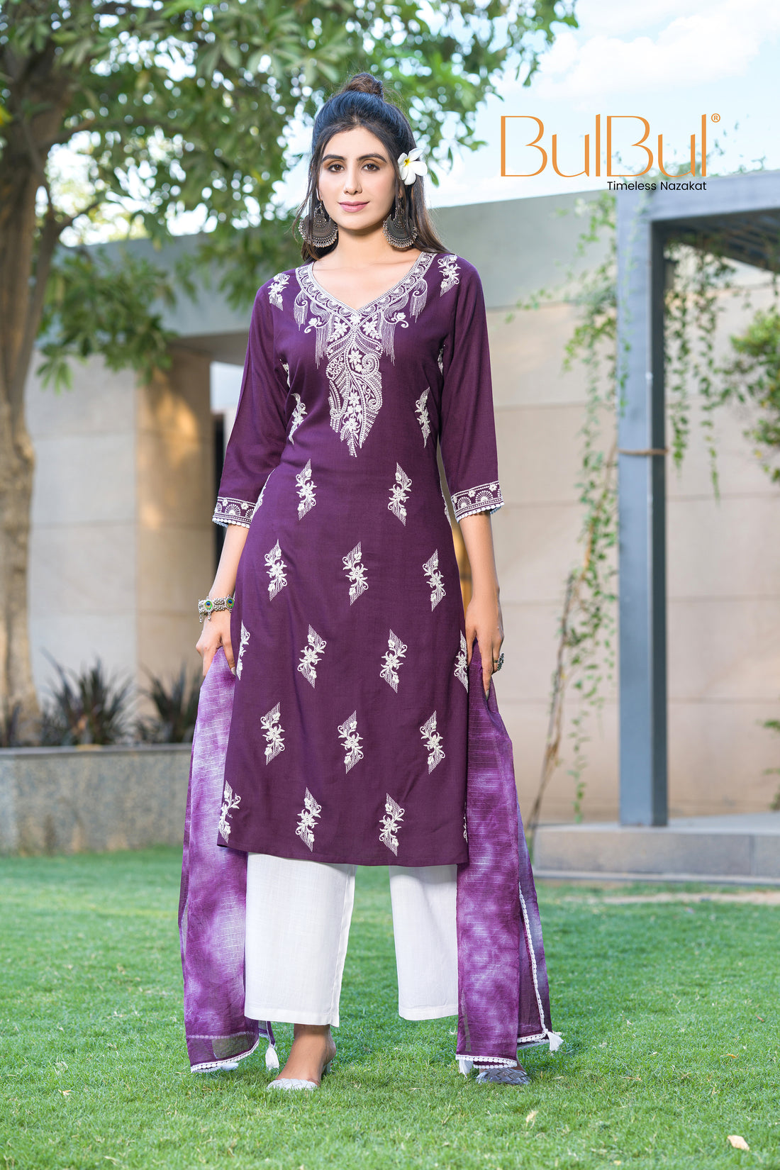 Pooja Purple Viscose Kurta Set with Lucknowi Style White Paisley Embroidery and Dupatta