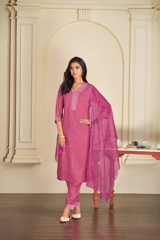 Ragini Pink Resham Thread & Sequin Embroidered Kurta Set with Sequin Dupatta in Chanderi Silk with Cotton Mul Lining