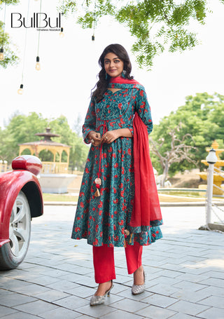Anupama Blue Floral Printed Pure Cotton Kurta Set with Thread Embroidery and Handcrafted Sequin Work with Dupatta