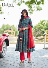 Anupama Blue Floral Printed Pure Cotton Kurta Set with Thread Embroidery and Handcrafted Sequin Work with Dupatta