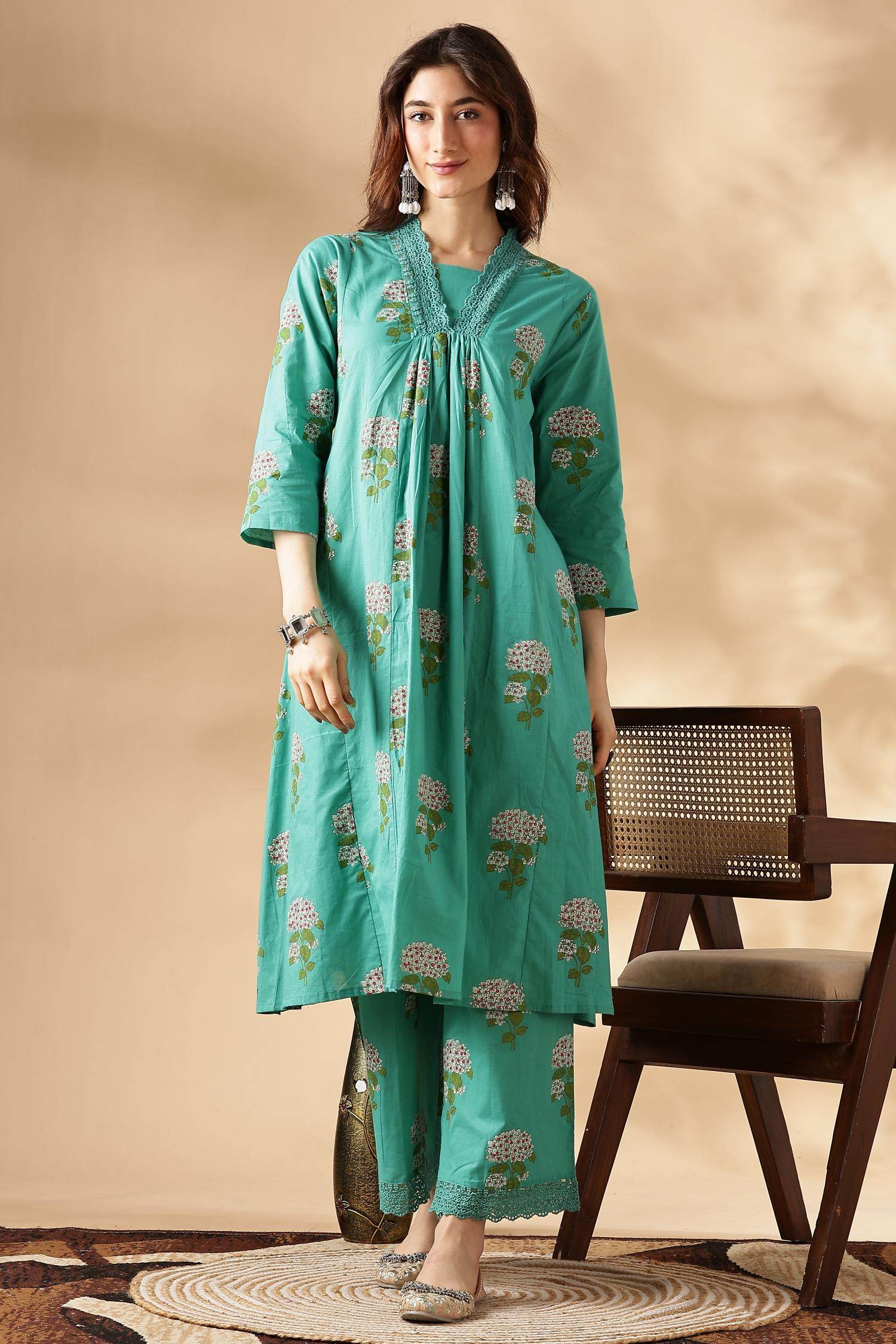 Karishma Cotton Green Kurta Set with Dupatta - BulBul