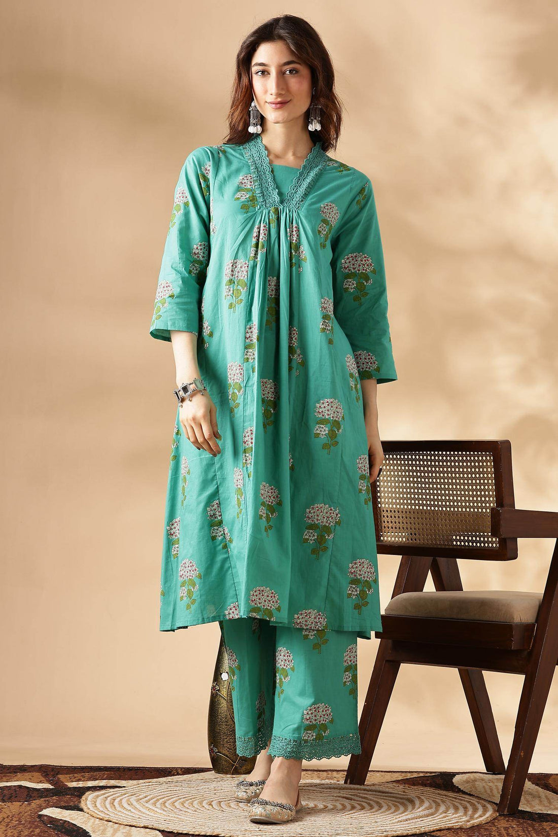 Karishma Cotton Green Kurta Set with Dupatta - BulBul