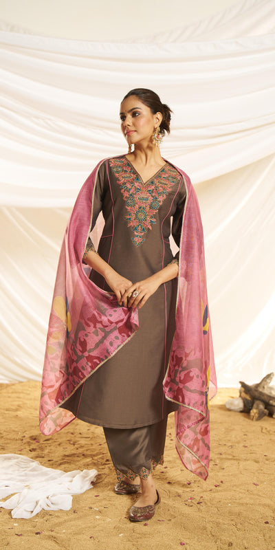 BulBul Women Kayra Brown Embroidered Premium Silk Suit With Dupatta