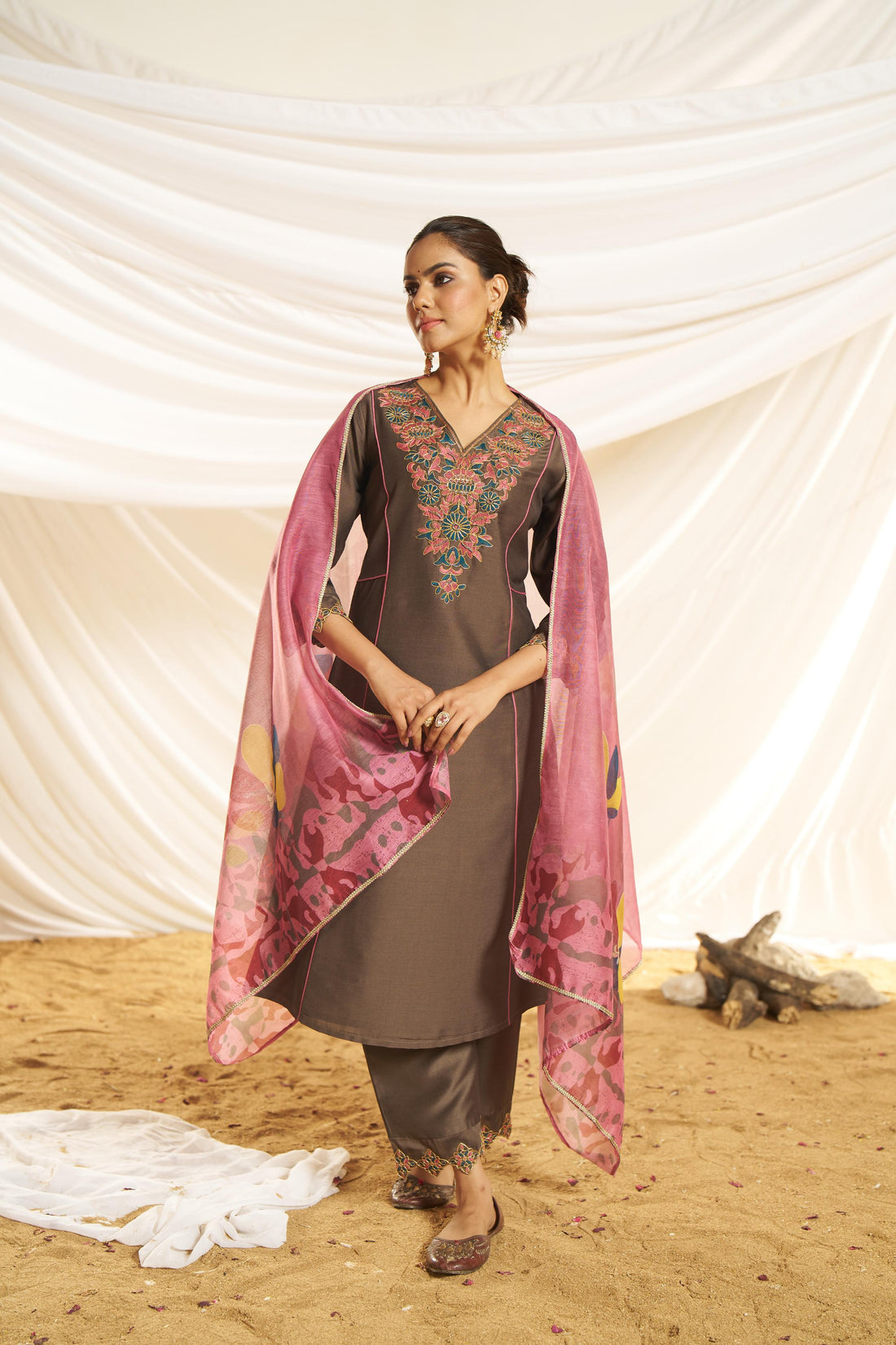 Kayra Brown Hand Bead-Finished Embroidered A-Line Suit Set in Chinnon Silk with Pure Cotton Mul Lining