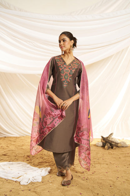 Kayra Brown Hand Bead-Finished Embroidered A-Line Suit Set in Chinnon Silk with Pure Cotton Mul Lining