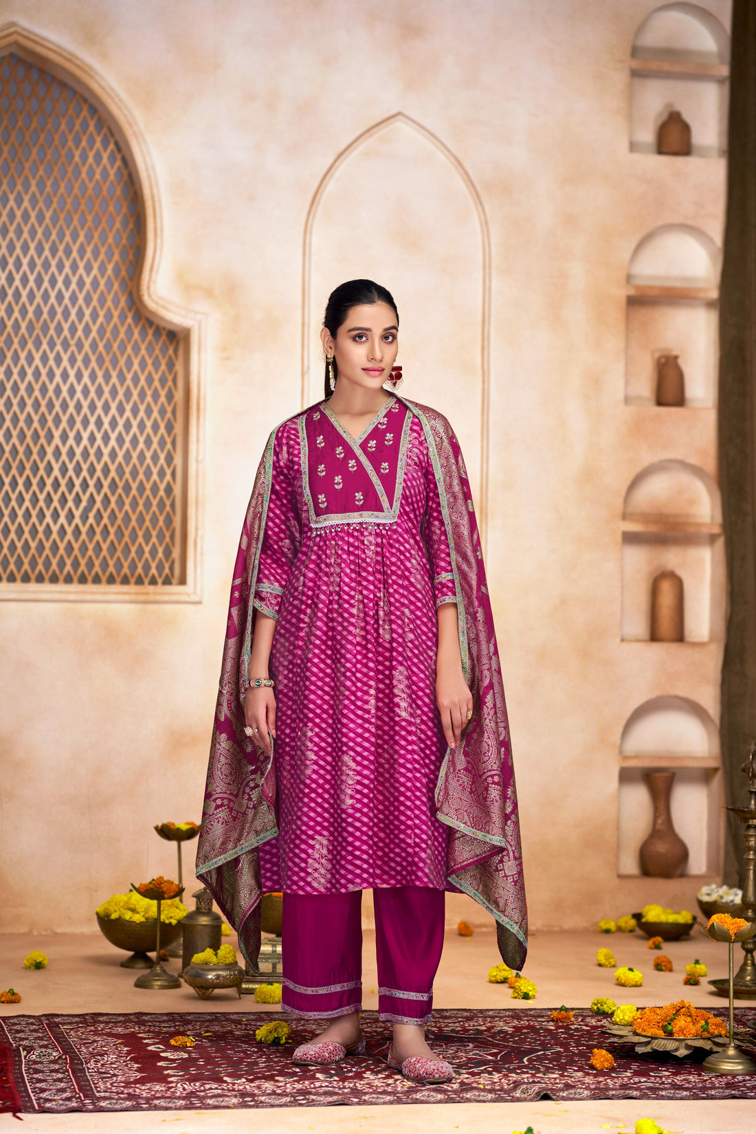 Rashmi Fuchsia Hand Embellished Multicolor Bead and Sequins Work Suit Set in Chanderi Silk with Pure Cotton Mul Lining