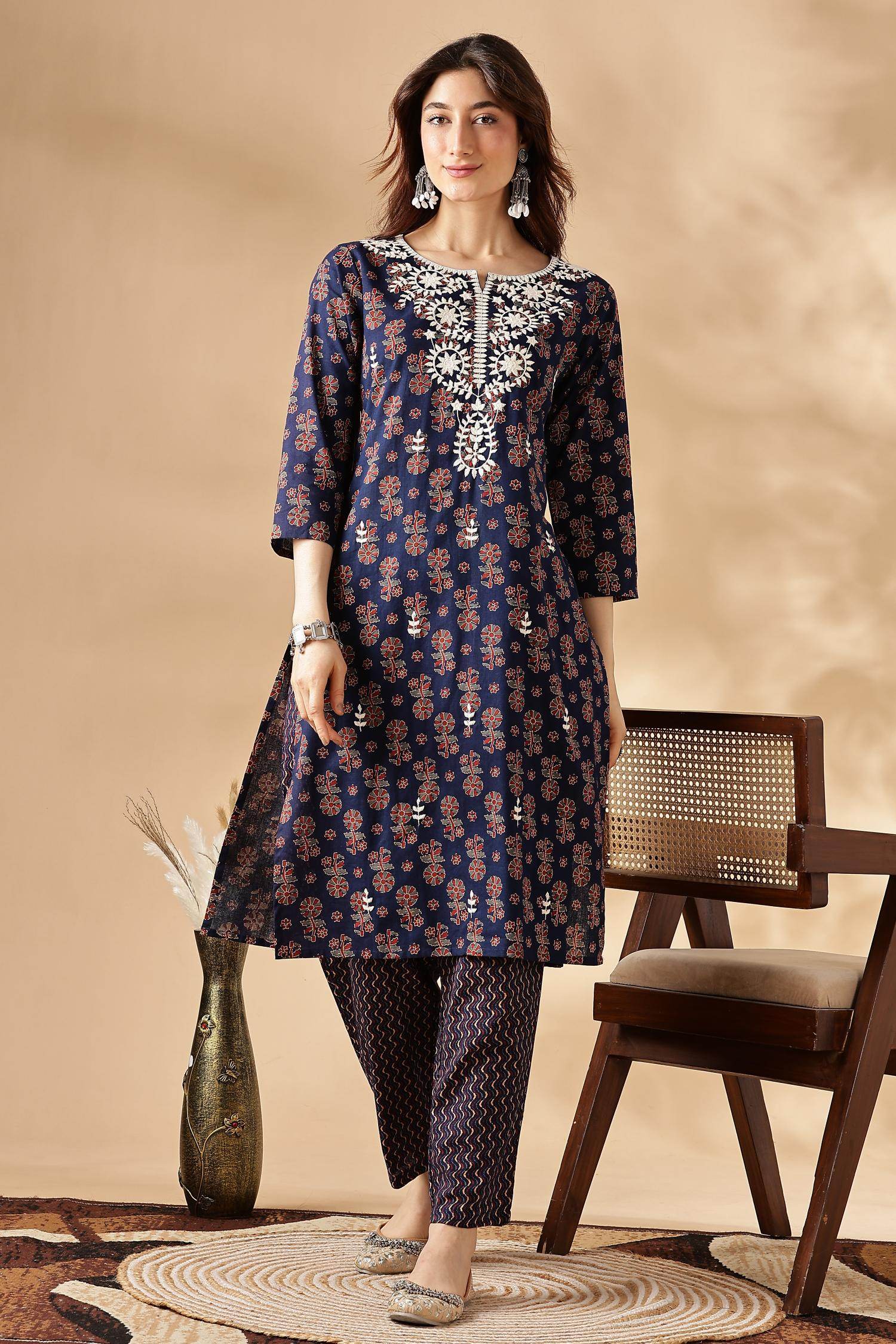 Navy Blue Cotton Kurta Set with Dupatta - BulBul