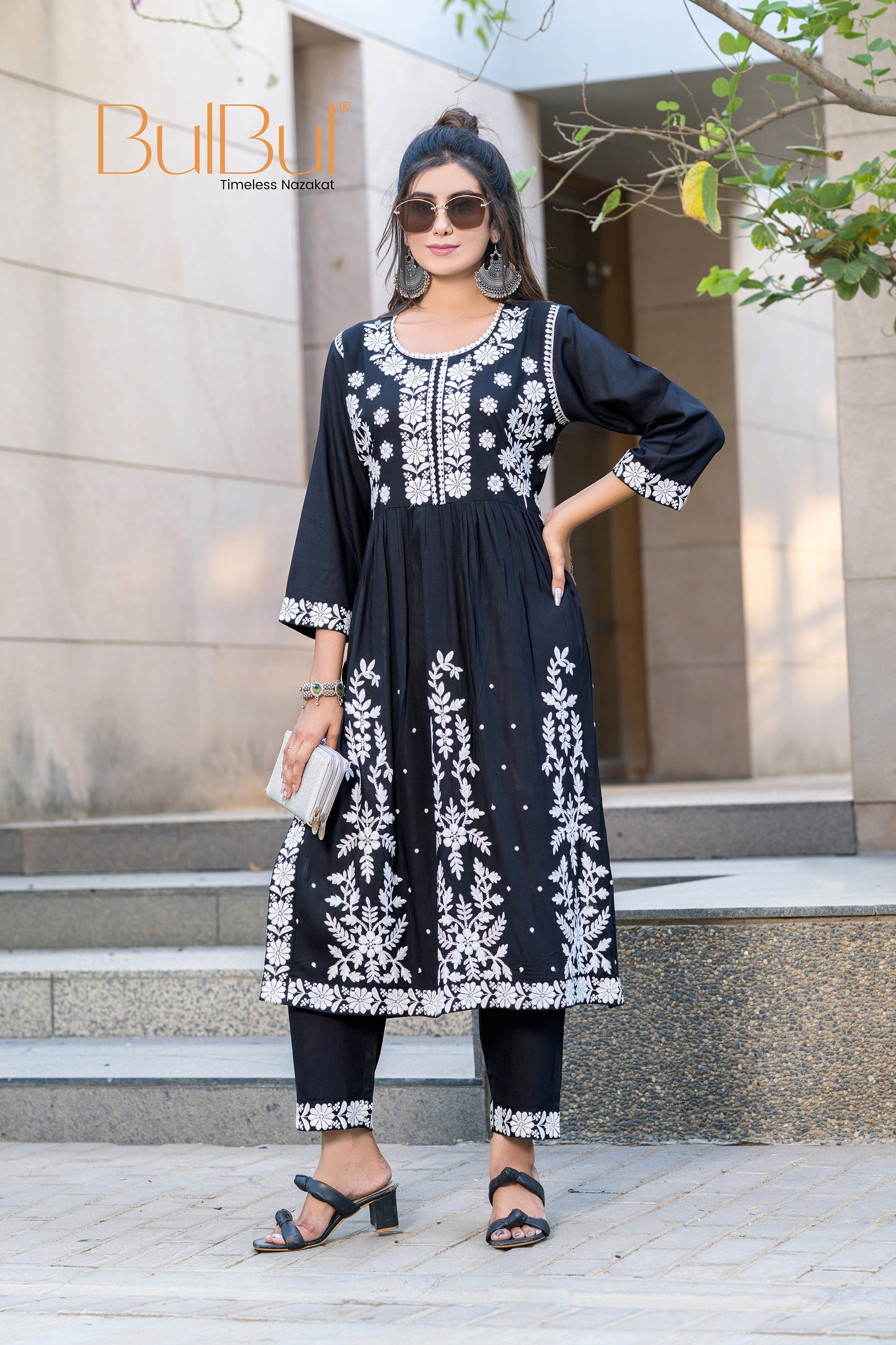Arushi Black Rayon Kurta Set with Lucknawi Work