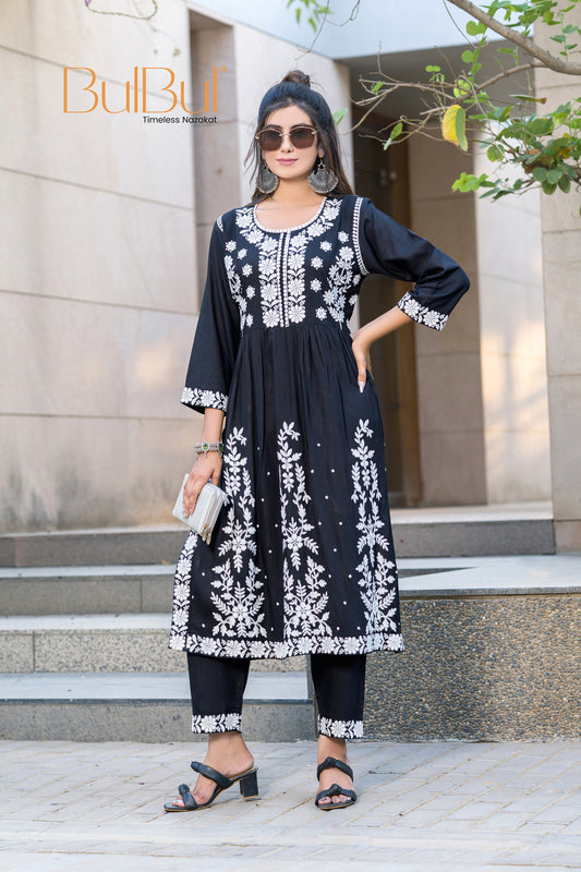 Arushi Black Rayon Kurta Set with Lucknawi Work