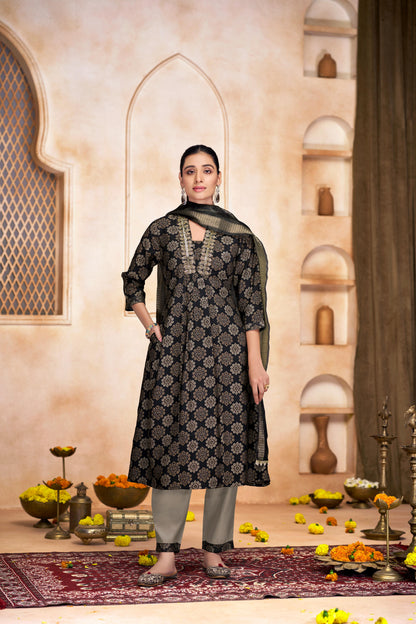 Rashmi Black Ethnic Motif Print Hand Embellished, Sequins and Bugle Bead Work Suit Set in Chanderi Silk with Pure Cotton Mul Lining