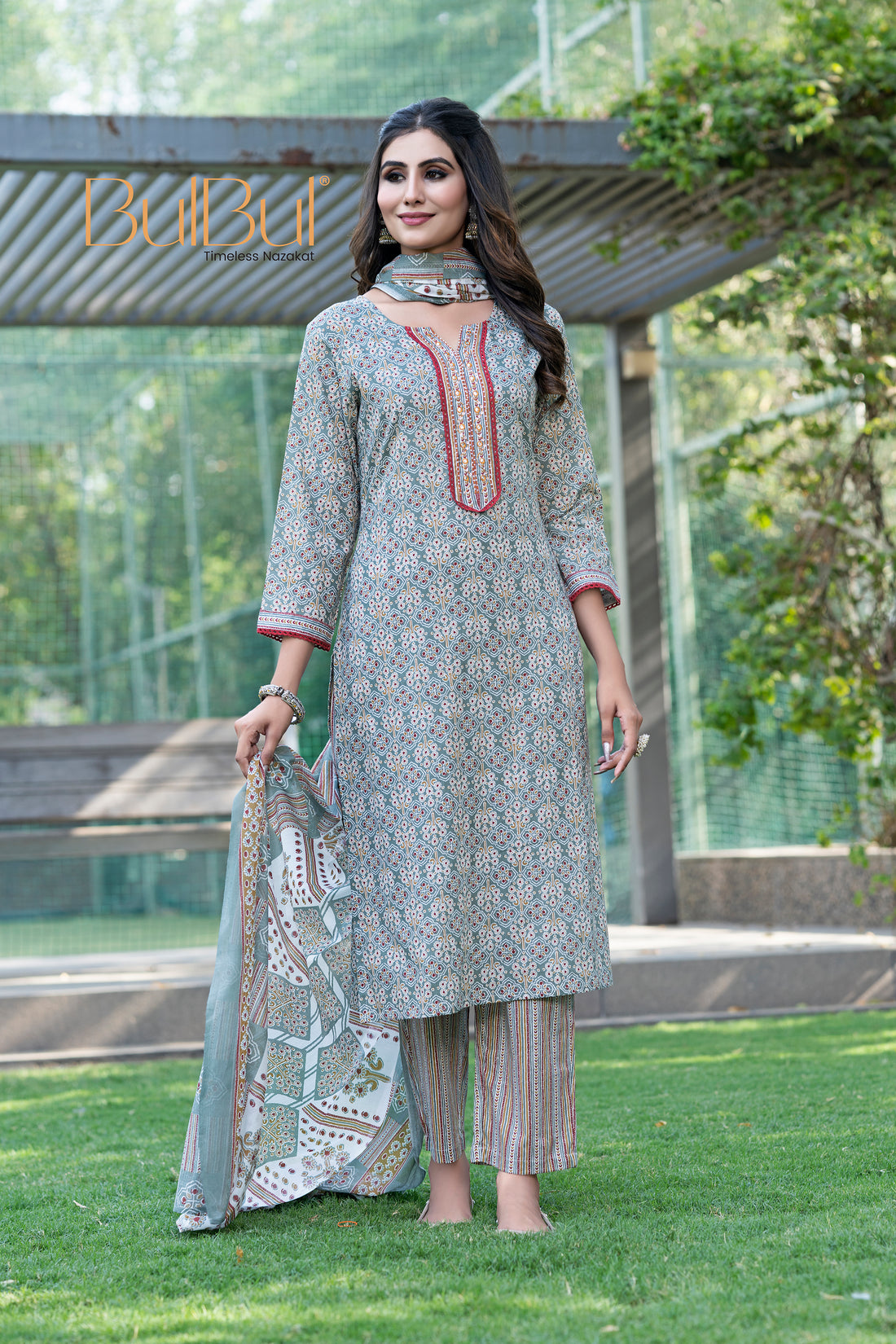 Pure Cotton Fashionista Grey Printed Kurta Set with Thread Embroidery, Mirror & Sequin Detailed Neck Panel and Dupatta