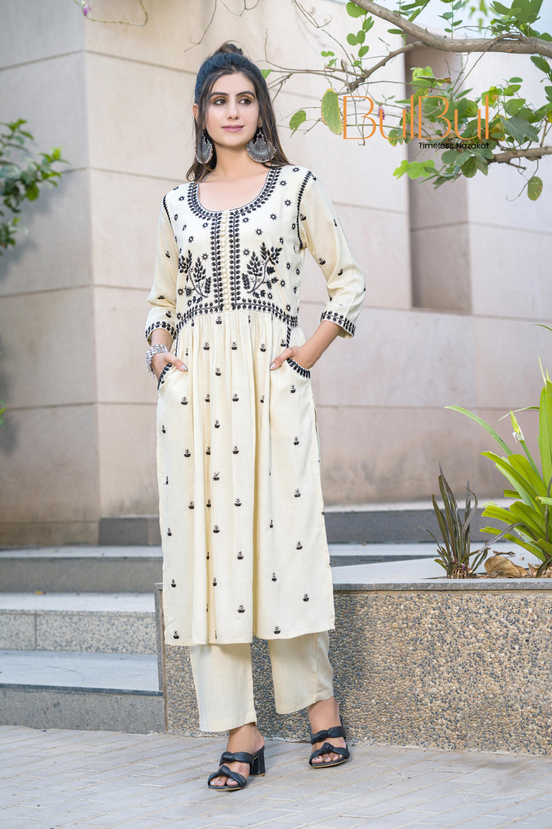 Meenaxi Beige Viscose Kurta Set with Mughal-Inspired Embroidery Work