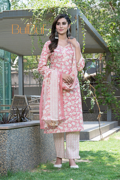 Pure Cotton Red Printed Kurta Set with Floral Sequin Highlights & Dupatta