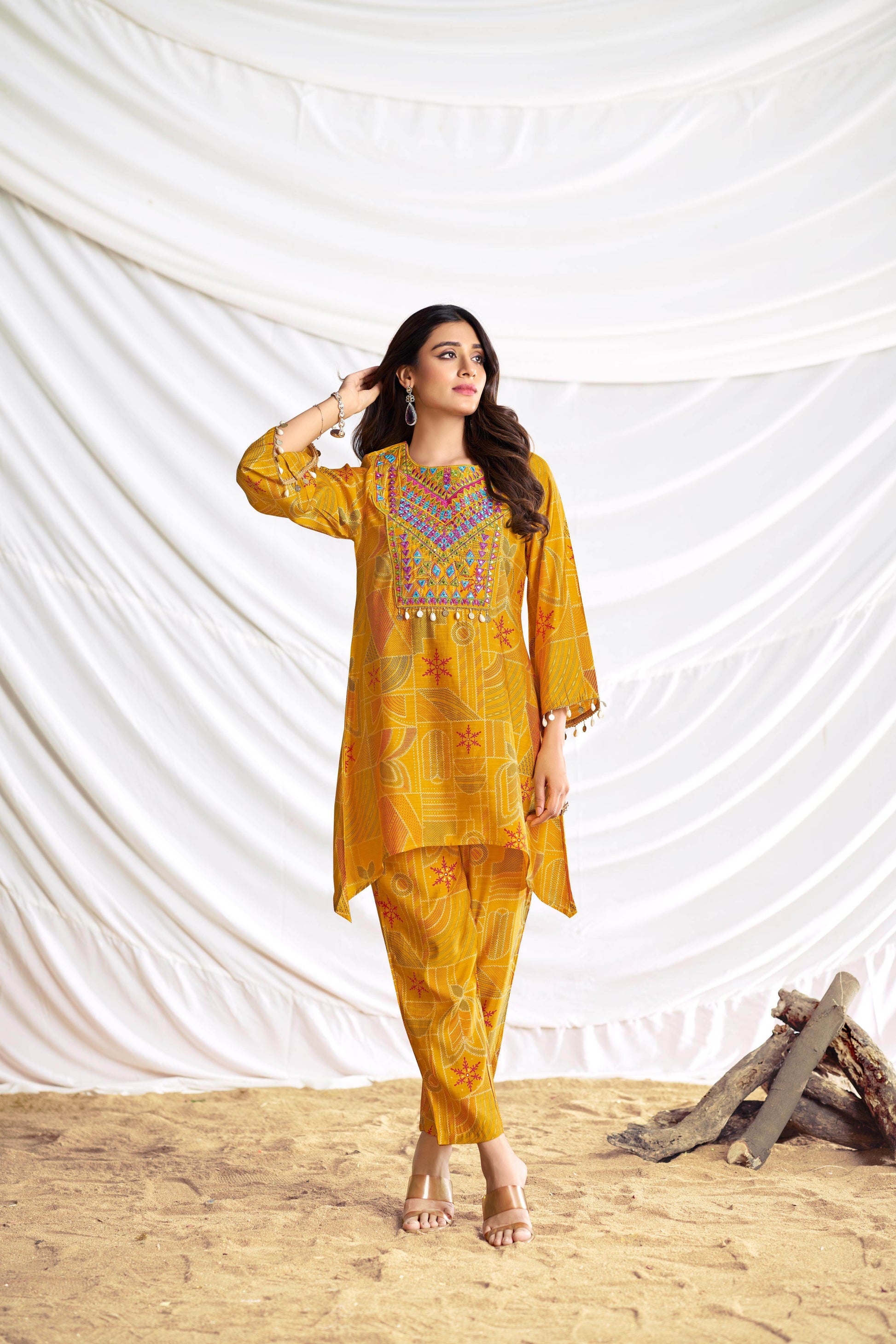 Ashka Chanderi Mustard Co-Ord Set - BulBul
