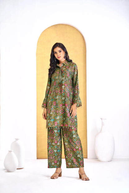 Pratiksha Olive Printed Modal Chanderi Co-Ord Set with Hand Embellished Mirror Placket and Pearl Drop Latkan Detailing