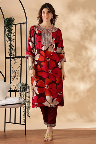 Roli Floral Printed Red Salwar Suit with Handcrafted Zari & Mirror Embroidered Neckline in Viscose