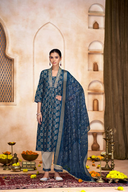 Rashmi Blue Ethnic Motif Print Hand Embellished, Sequins and Bugle Bead Work Suit Set in Chanderi Silk with Pure Cotton Mul Lining