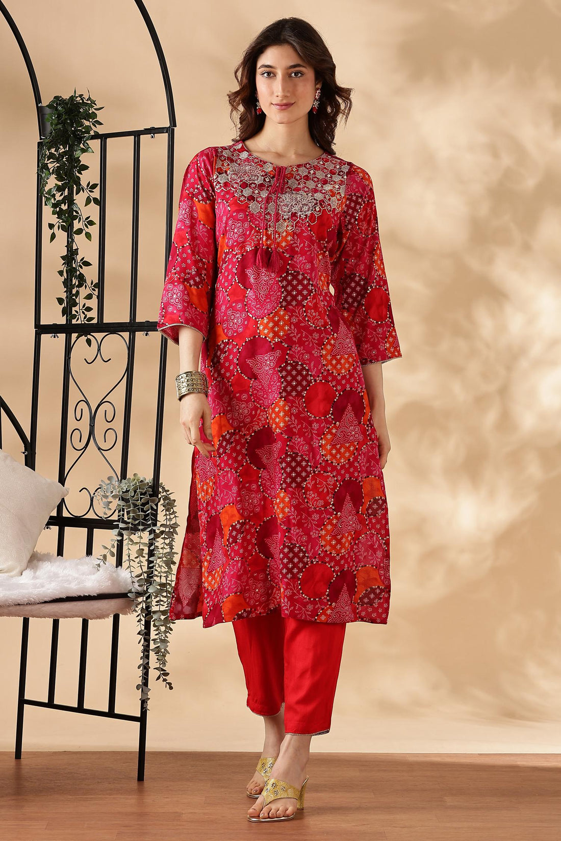 Kamolika Printed Fuschia Salwar Suit with Hand Zari Thread Embroidered Neckline in Viscose