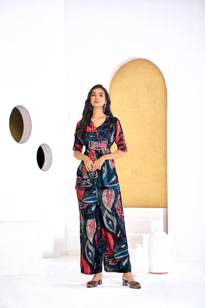 Kalki Blue Modal Chanderi Co-Ord Set with Hand Embellished Mirror and Bugle Bead Detailing