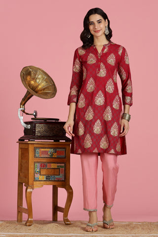 Maroon Viscose Printed Kurti with Thread Embroidered Mandarin Collar and Sequin Detailing