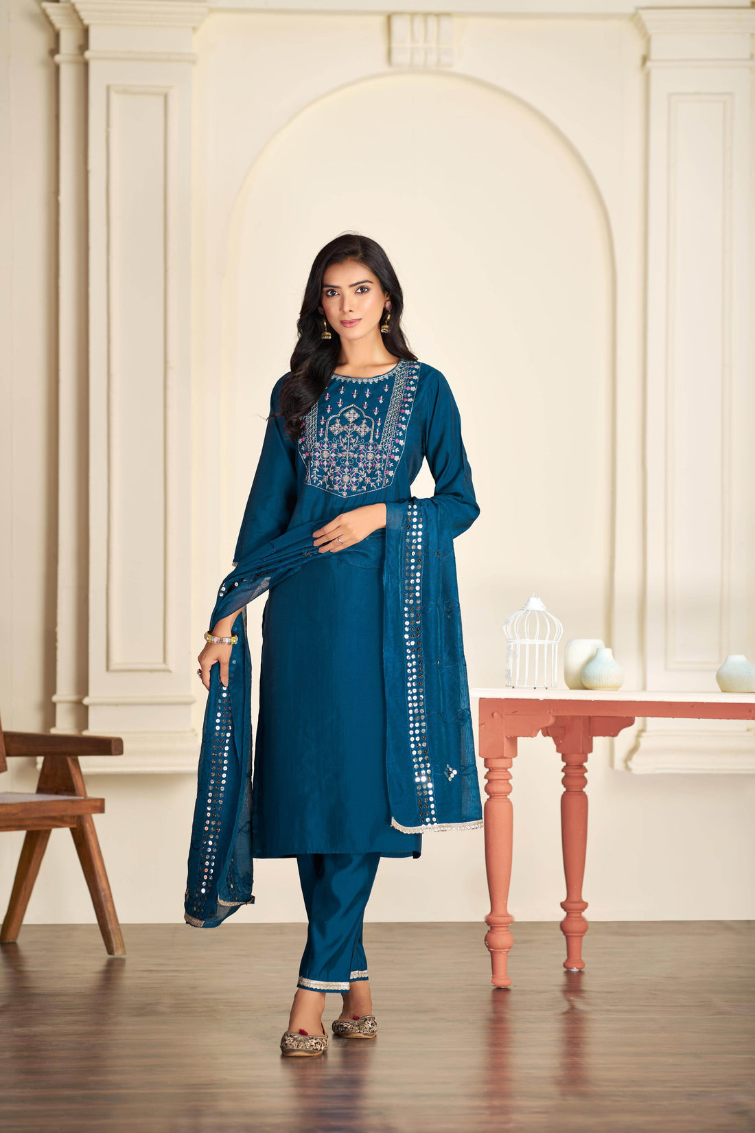 Prachi Silk Teal Kurta Set with Dupatta - BulBul