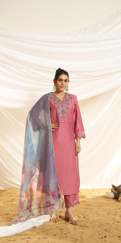 BulBul Women Kayra Dusty Pink Embroidered Premium Silk Suit With Dupatta