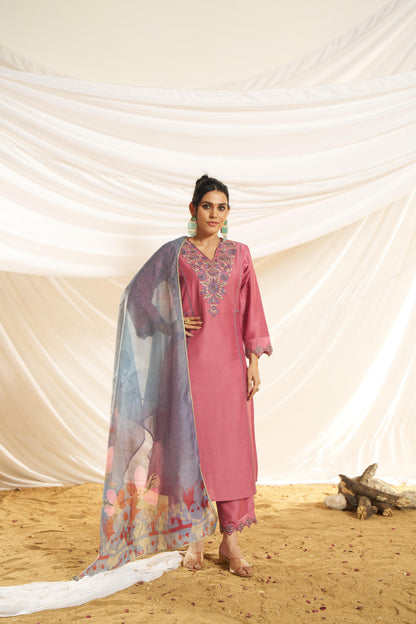 Kayra Blush Pink Hand Bead-Finished Embroidered A-Line Suit Set in Chinnon Silk with Pure Cotton Mul Lining