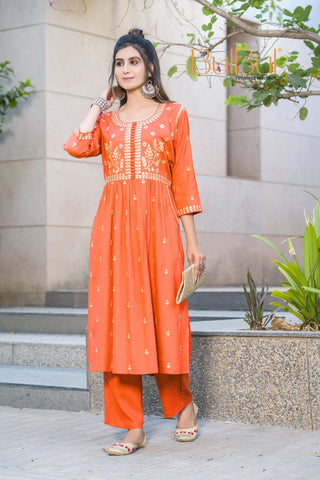 Meenaxi Rust Viscose Kurta Set with Mughal-Inspired Embroidery Work