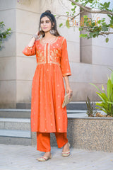 Meenaxi Rust Viscose Kurta Set with Mughal-Inspired Embroidery Work