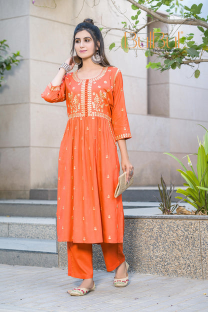 Meenaxi Rust Viscose Kurta Set with Mughal-Inspired Embroidery Work