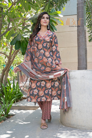 Pure Cotton Fashionista Black Floral Printed Kurta Set with Thread & Sequin Embellished V-Neckline and Dupatta