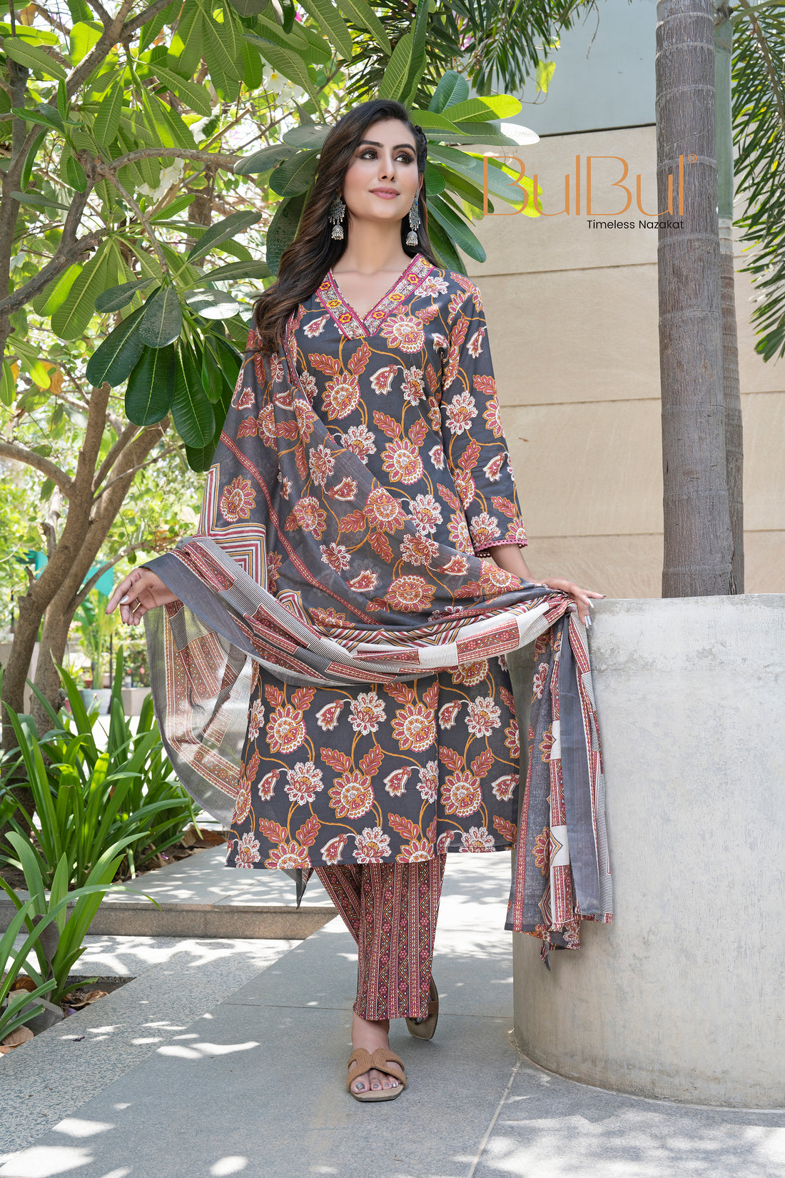Pure Cotton Fashionista Black Floral Printed Kurta Set with Thread & Sequin Embellished V-Neckline and Dupatta