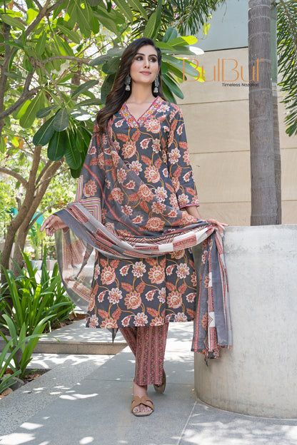 Pure Cotton Fashionista Black Floral Printed Kurta Set with Thread & Sequin Embellished V-Neckline and Dupatta