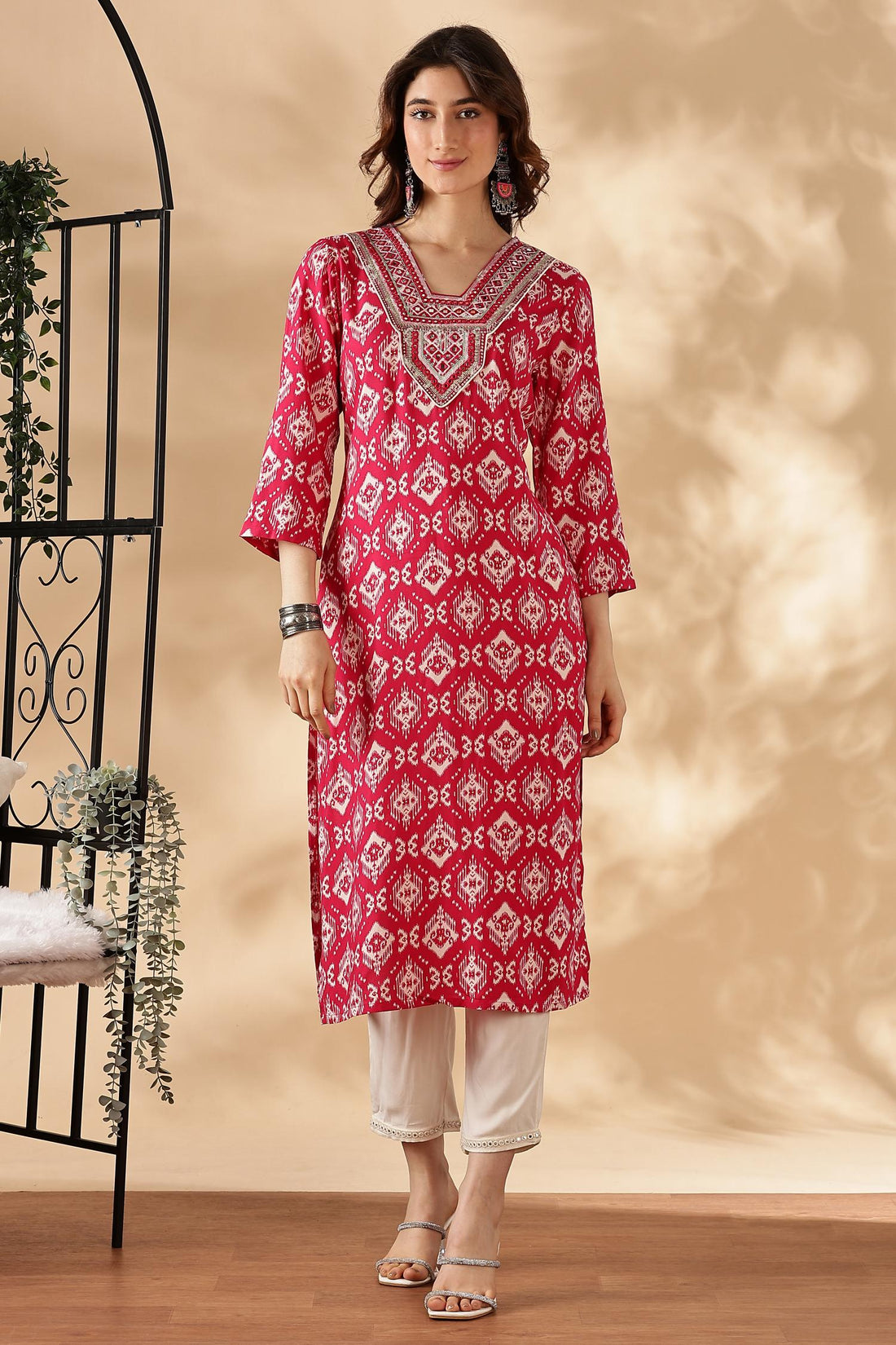 Sagarika Printed Red & Off White Salwar Suit with Hand Embroidered Mirror Work Neckline in Viscose