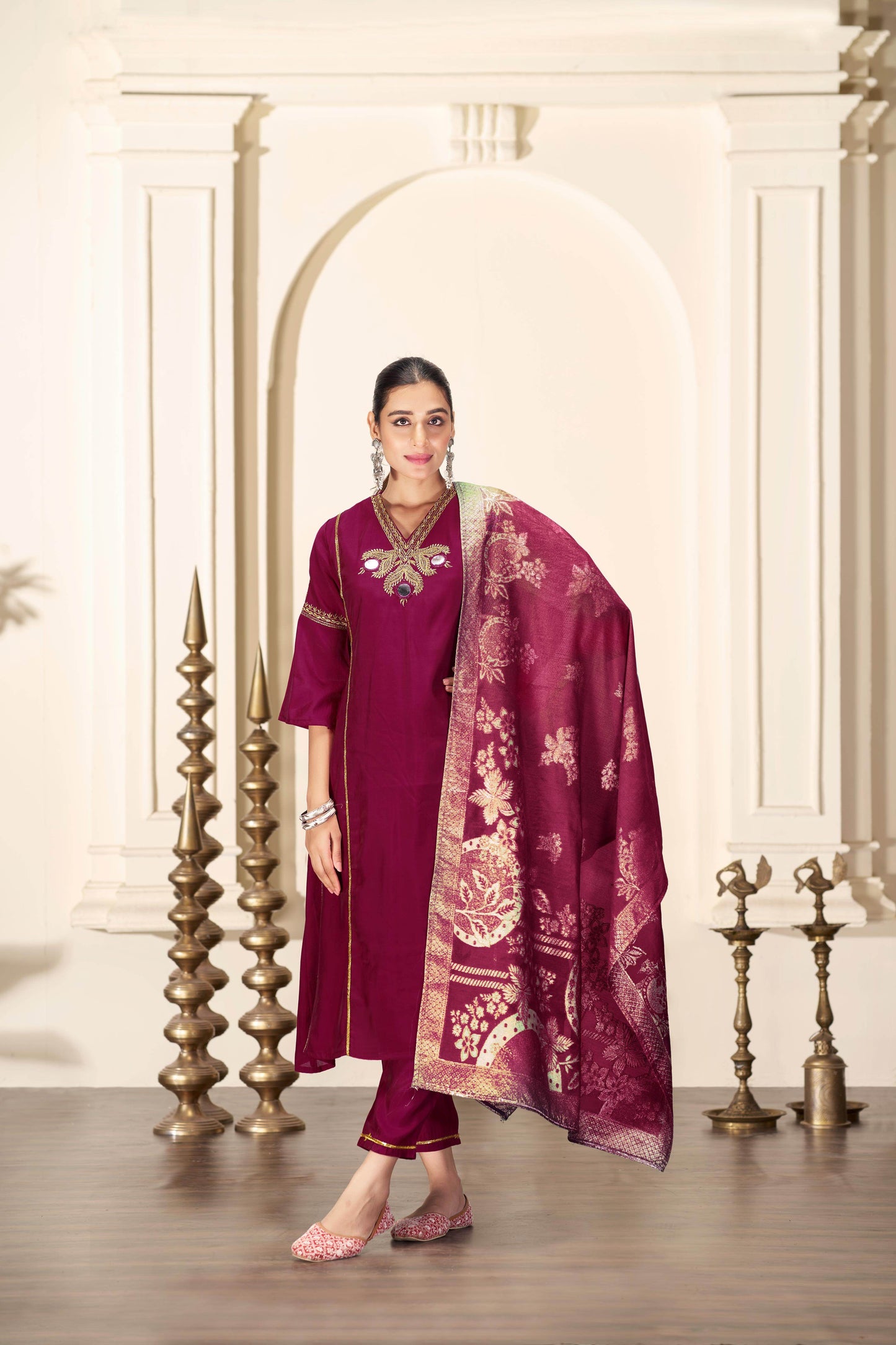 Shruti Silk Wine Kurta Set with Dupatta - BulBul