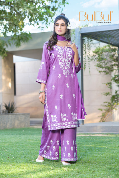 Meher Purple Rayon Kurta Set with Chikankari White Floral Embroidery and Dupatta