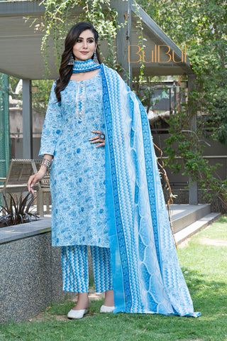 Pure Cotton Blue Floral Printed Kurta Set with Silver Zari Thread & Sequin Embroidered Placket