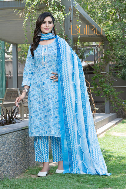 Pure Cotton Blue Floral Printed Kurta Set with Silver Zari Thread & Sequin Embroidered Placket