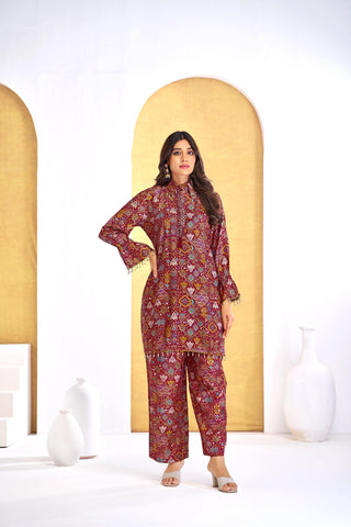 Pratiksha Red Printed Modal Chanderi Co-Ord Set with Hand Embellished Mirror Placket and Pearl Drop Latkan Detailing