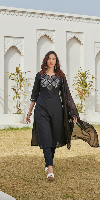 Maryam Black Cotton Kurta Set with Dupatta