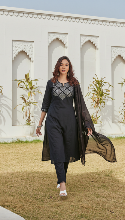 Maryam Black Pure Cotton  Linen Kurta Set with Dupatta Featuring Hand Embroidered Mirror Work Neckline with Cotton Mul Lining