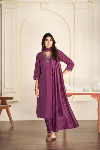Nakshatra Purple Silk Kurta Set with Dupatta - BulBul