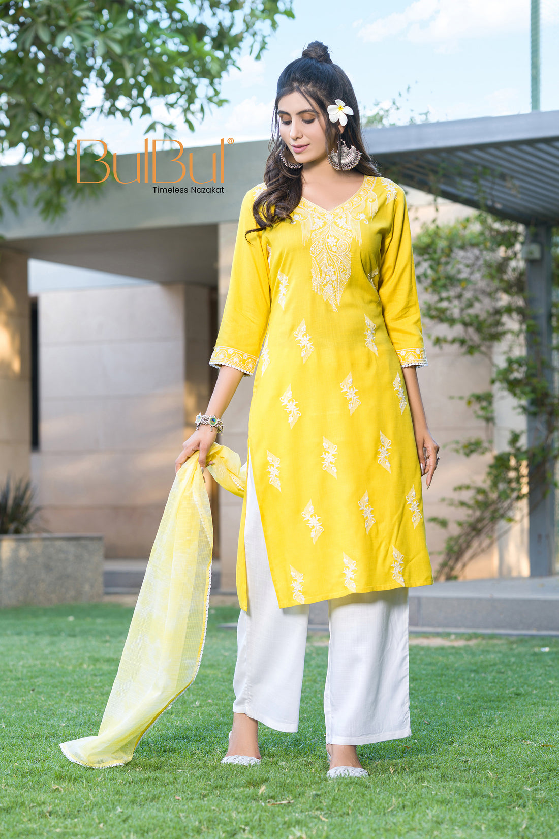 Pooja Sunshine Yellow Viscose Kurta Set with Lucknowi Style White Paisley Embroidery and Dupatta