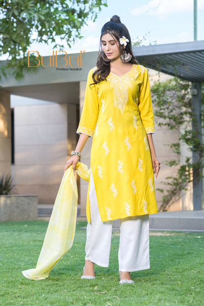 Pooja Sunshine Yellow Viscose Kurta Set with Lucknowi Style White Paisley Embroidery and Dupatta