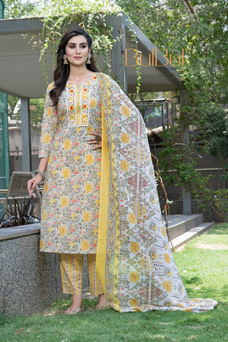 Pure Cotton Mustard Printed Kurta Set with Intricate Thread Embroidery & Mirror Work Neckline with Dupatta